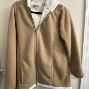 Women’s sm/med(?)TudorCourt TanFleece Zip-Up Jacket w/hood&inside/outside pocket